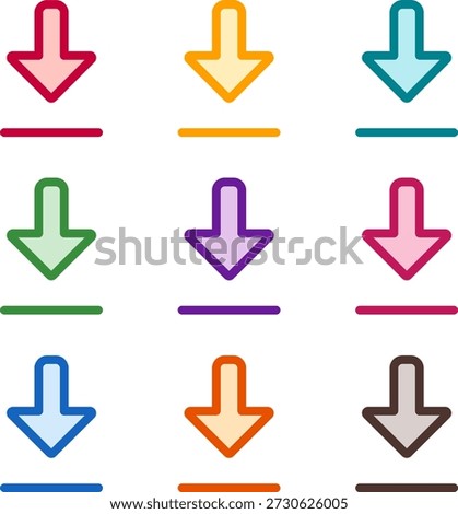 Vector illustration of nine colorful arrow alt to bottom, rendered in a clean duotone style with bold outlines