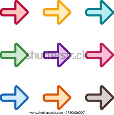 Vector illustration of nine colorful arrow alt right, rendered in a clean duotone style with bold outlines