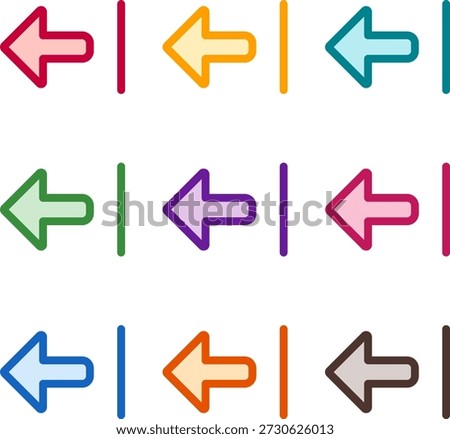 Vector illustration of nine colorful arrow alt from right, rendered in a clean duotone style with bold outlines
