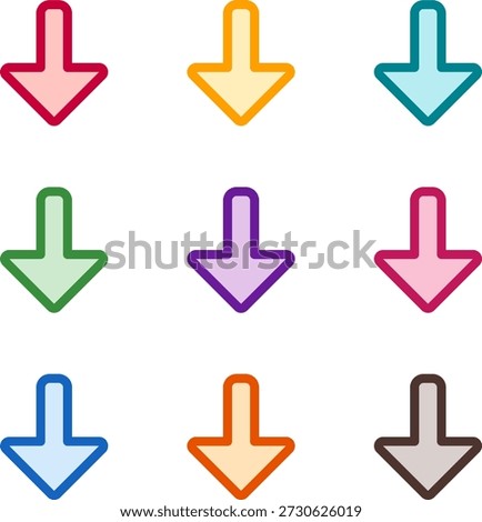 Vector illustration of nine colorful arrow alt down, rendered in a clean duotone style with bold outlines