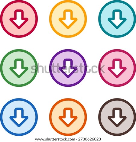 Vector illustration of nine colorful arrow alt circle down, rendered in a clean duotone style with bold outlines