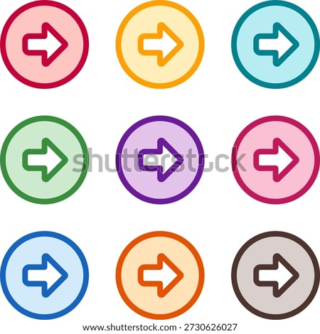 Vector illustration of nine colorful arrow alt circle right, rendered in a clean duotone style with bold outlines