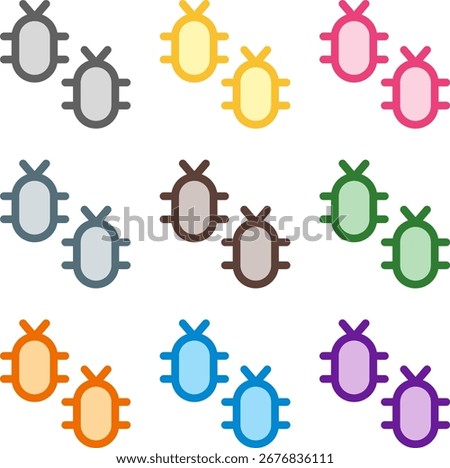 Vector illustration of nine colorful bugs icons, rendered in a clean duotone style with bold outlines