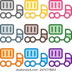 Ilustración vectorial de nueve camiones de contenedores de colores   Iconos, renderizados en un estilo duotono limpio con contornos en negrita