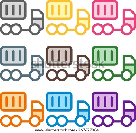 Vector illustration of nine colorful container truck   icons, rendered in a clean duotone style with bold outlines