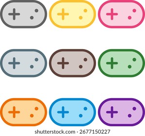 Vector illustration of nine colorful gamepad, rendered in a clean duotone style with bold outlines