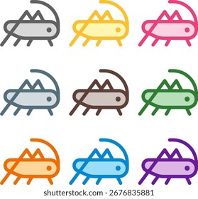 Vector illustration of nine colorful locust icons, rendered in a clean duotone style with bold outlines