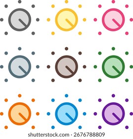 Vector illustration of nine colorful max dial icons, rendered in a clean duotone style with bold outlines