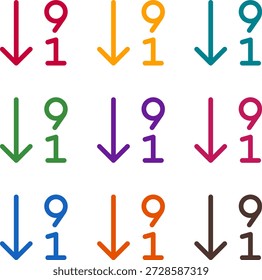 Ilustración vectorial de nueve colores sort numérico abajo alt, renderizado en un estilo de duotono limpio con contornos en negrita
