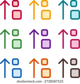 Ilustración vectorial de nueve coloridos tamaños de clasificación hasta alt, renderizado en un estilo de duotono limpio con contornos audaces