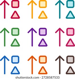 Ilustración vectorial de nueve coloridas Formas de clasificación hasta alt, renderizadas en un estilo de duotono limpio con contornos audaces