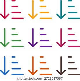 Ilustración vectorial de nueve coloridas cantidades de ordenación abajo alt, renderizado en un estilo de duotono limpio con contornos en negrita