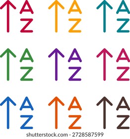 Vector illustration of nine colorful sort alpha up, rendered in a clean duotone style with bold outlines