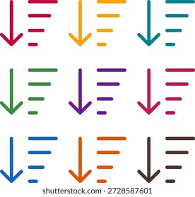 Vector illustration of nine colorful sort amount down, rendered in a clean duotone style with bold outlines