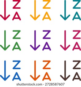 Ilustración vectorial de nueve colores sort alpha down alt, renderizado en un estilo de duotono limpio con contornos en negrita