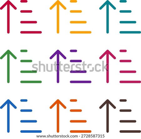 Vector illustration of nine colorful sort amount up alt, rendered in a clean duotone style with bold outlines