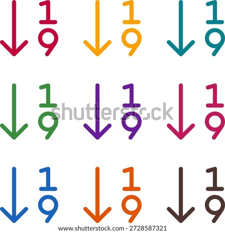Vector illustration of nine colorful sort numeric asc, rendered in a clean duotone style with bold outlines