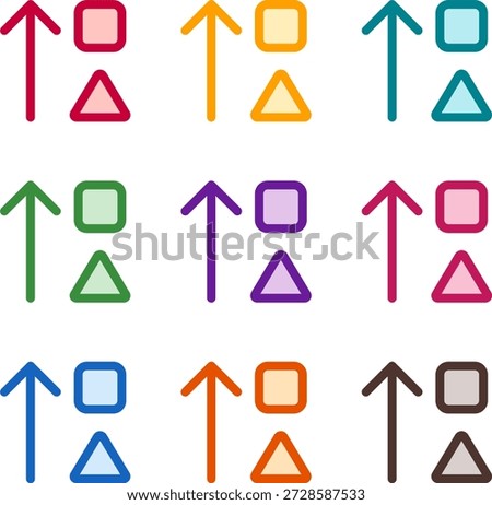 Vector illustration of nine colorful sort shapes up alt, rendered in a clean duotone style with bold outlines