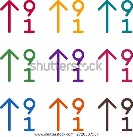 Vector illustration of nine colorful sort numeric up alt, rendered in a clean duotone style with bold outlines