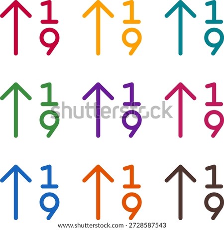 Vector illustration of nine colorful sort numeric up, rendered in a clean duotone style with bold outlines