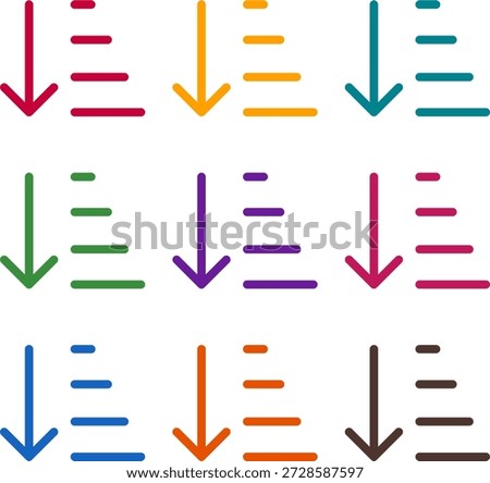 Vector illustration of nine colorful sort amount down alt, rendered in a clean duotone style with bold outlines