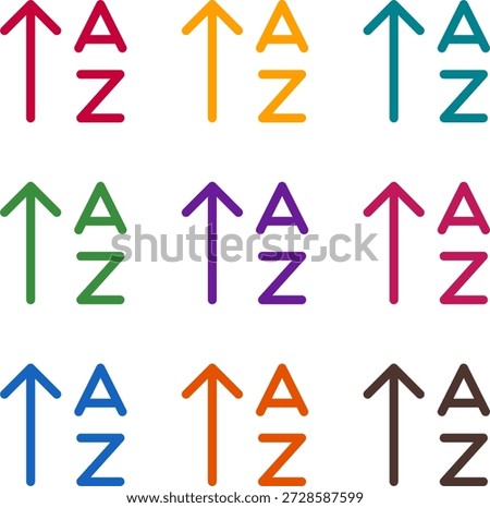 Vector illustration of nine colorful sort alpha up, rendered in a clean duotone style with bold outlines
