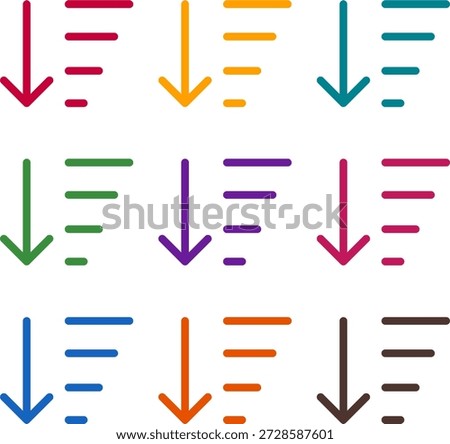 Vector illustration of nine colorful sort amount down, rendered in a clean duotone style with bold outlines