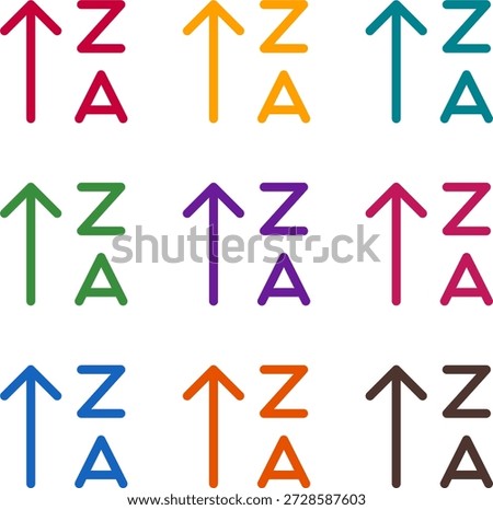 Vector illustration of nine colorful sort alpha up alt, rendered in a clean duotone style with bold outlines