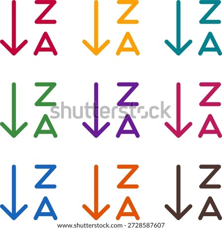 Vector illustration of nine colorful sort alpha down alt, rendered in a clean duotone style with bold outlines