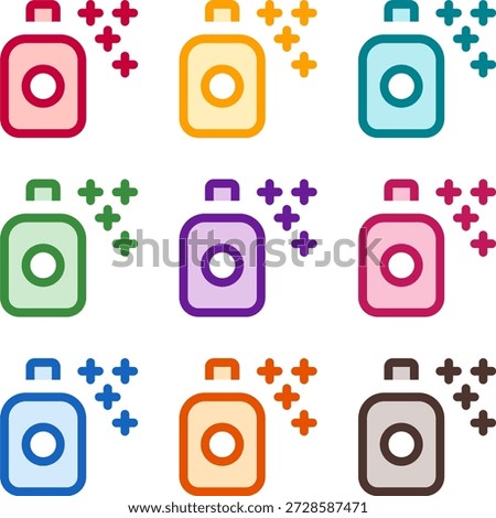 Vector illustration of nine colorful spray can sparkles, rendered in a clean duotone style with bold outlines