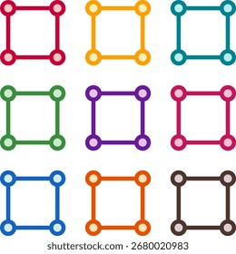Vector illustration of nine colorful vector square, rendered in a clean duotone style with bold outlines