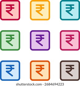 Vector illustration of nine colorful square indian rupee, rendered in a clean duotone style with bold outlines
