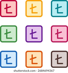Vektorgrafik von neun bunten quadratischen Litecoin, in einem sauberen Duotone-Stil mit fetten Umrissen gerendert