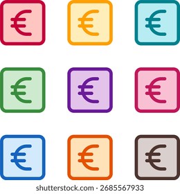 Vector illustration of nine colorful square euro, rendered in a clean duotone style with bold outlines
