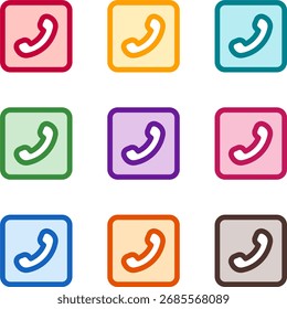 Vector illustration of nine colorful square phone flip, rendered in a clean duotone style with bold outlines