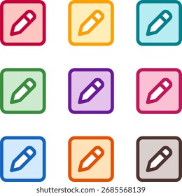Vector illustration of nine colorful square pen, rendered in a clean duotone style with bold outlines