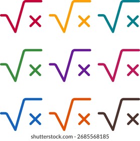 Vector illustration of nine colorful square root variable, rendered in a clean duotone style with bold outlines