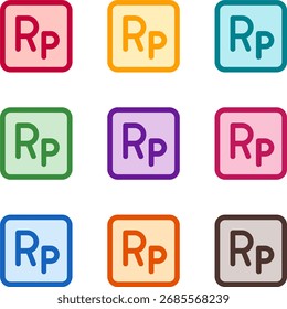Vector illustration of nine colorful square rupiah, rendered in a clean duotone style with bold outlines