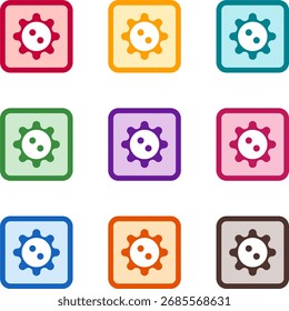 Vector illustration of nine colorful square virus, rendered in a clean duotone style with bold outlines