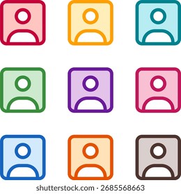 Vector illustration of nine colorful square user, rendered in a clean duotone style with bold outlines