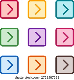 Vector illustration of nine colorful square chevron right, rendered in a clean duotone style with bold outlines
