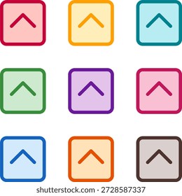 Vector illustration of nine colorful square chevron up, rendered in a clean duotone style with bold outlines
