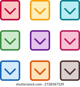 Vector illustration of nine colorful square chevron down, rendered in a clean duotone style with bold outlines