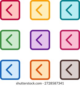 Vector illustration of nine colorful square chevron left, rendered in a clean duotone style with bold outlines