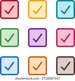 Ilustração vetorial de nove cheques quadrados coloridos, renderizados em um estilo duotônico limpo com contornos ousados