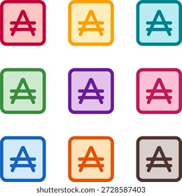 Vector illustration of nine colorful square austral, rendered in a clean duotone style with bold outlines