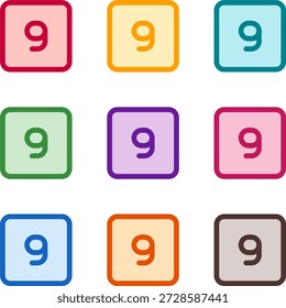 Vector illustration of nine colorful square 9, rendered in a clean duotone style with bold outlines
