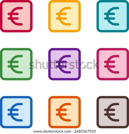 Vector illustration of nine colorful square euro, rendered in a clean duotone style with bold outlines