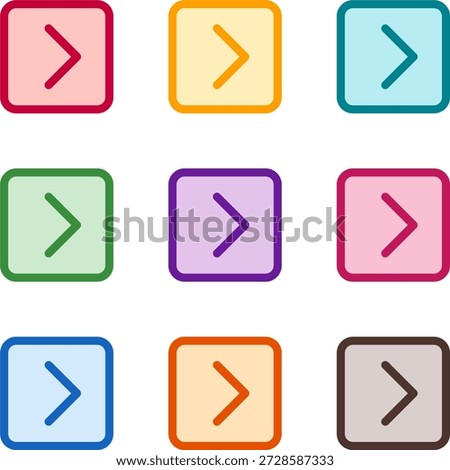 Vector illustration of nine colorful square chevron right, rendered in a clean duotone style with bold outlines