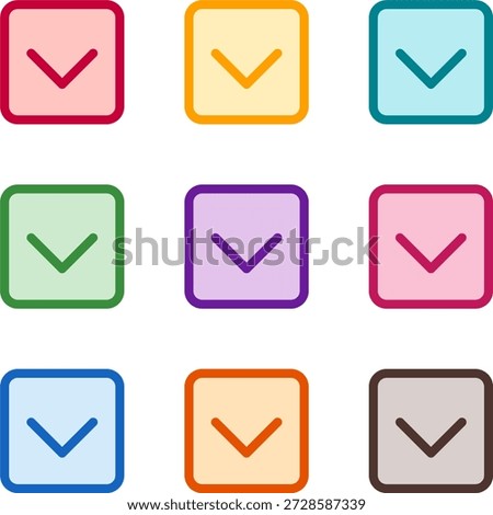 Vector illustration of nine colorful square chevron down, rendered in a clean duotone style with bold outlines